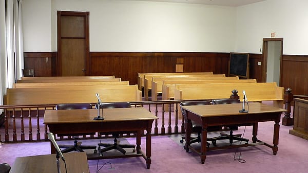 View from judges bench in courtroom in Nuckolls County Courthouse in Nelson, Nebraska