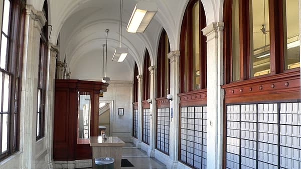 Mailboxes and north vestibule in lobby of post office in Holdrege, Nebraska