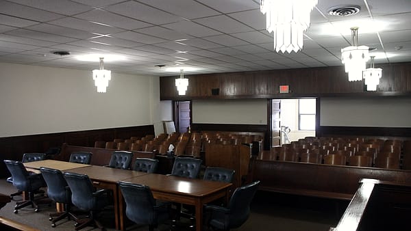 Public seating in courtroom of the Pike County Courthouse in Murfreesboro, Arkansas