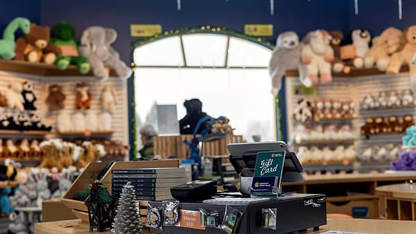The checkout counter and retail displays inside the Vermont Teddy Bear Company store in Shelburne, Vermont