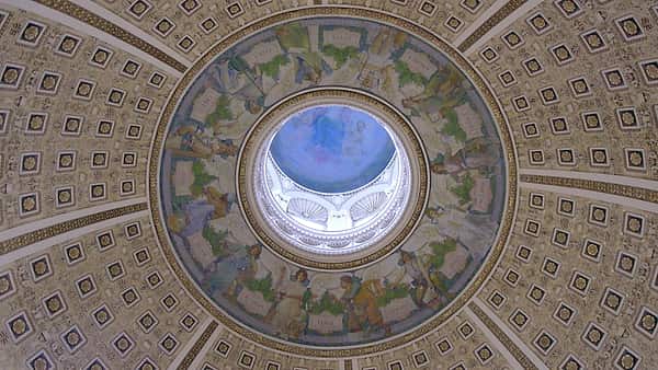 The domed ceiling of the Main Reading Room of the Thomas Jefferson Building in the Library of Congress, Washington, DC, USA