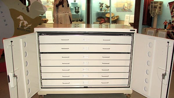 Museum flat file storage cabinet also known as a map storage cabinet