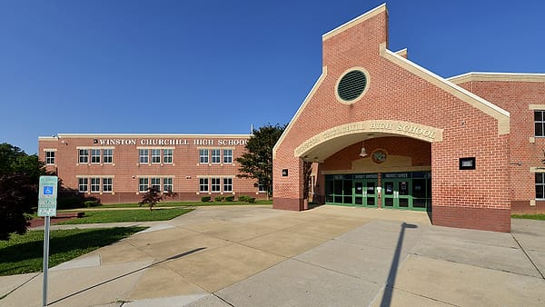 The front entrance for Winston Churchill High School, part of the Montgomery County Public Schools system