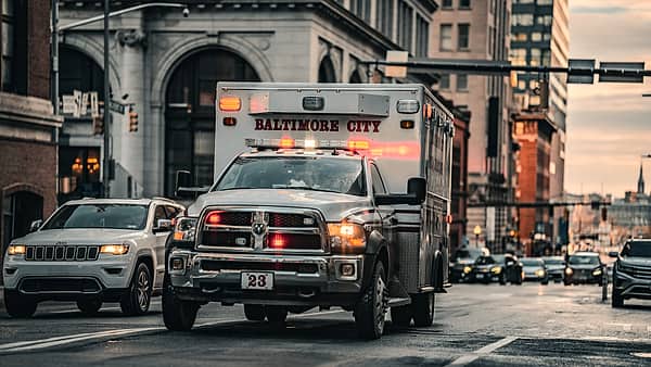 Baltimore City ambulance responding to an emergency in Downtown Baltimore, Maryland