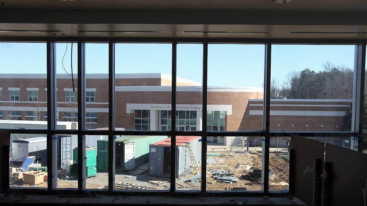The Fredericksburg Campus of Germanna Community College, a low teaching building set back behind its parking