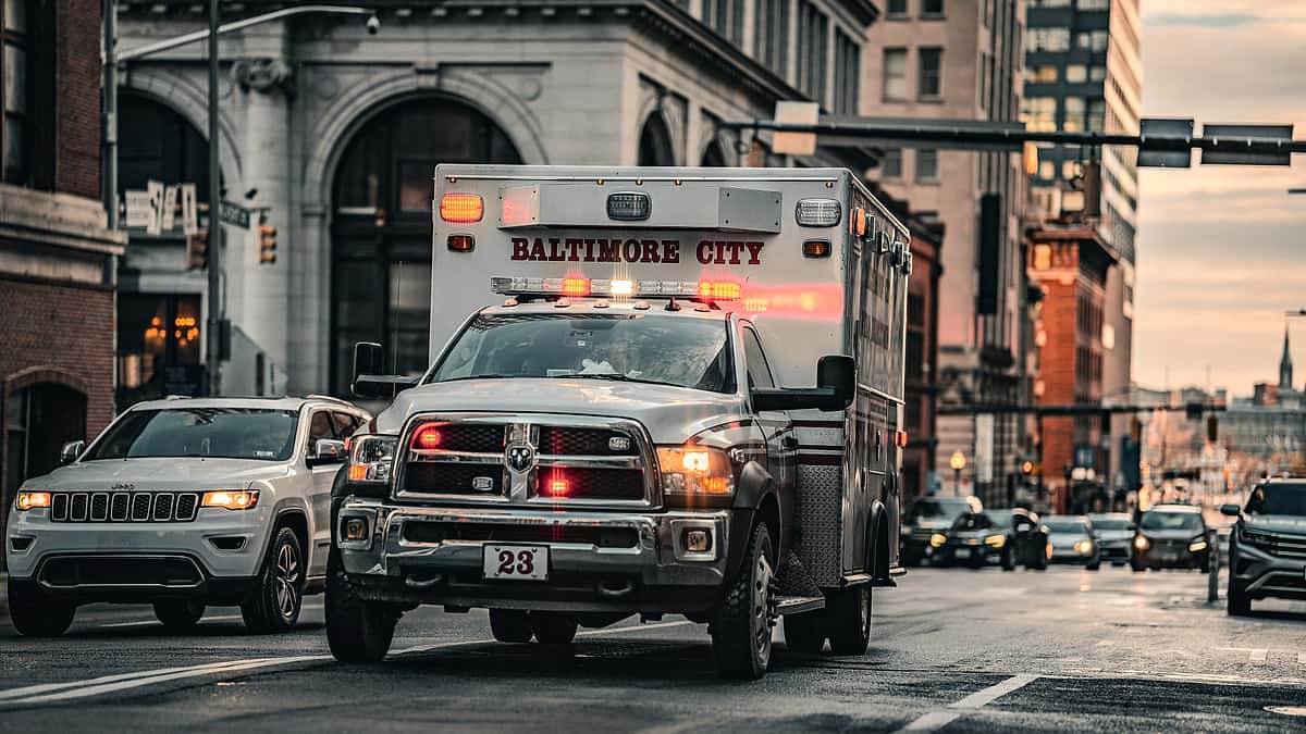Baltimore City ambulance responding to an emergency in Downtown Baltimore, Maryland